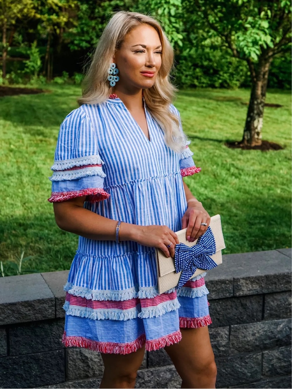 Tuckernuck Savannah Blue Stripe Plaid Crawford Ruffle Fringe Mini Swing Dress XL